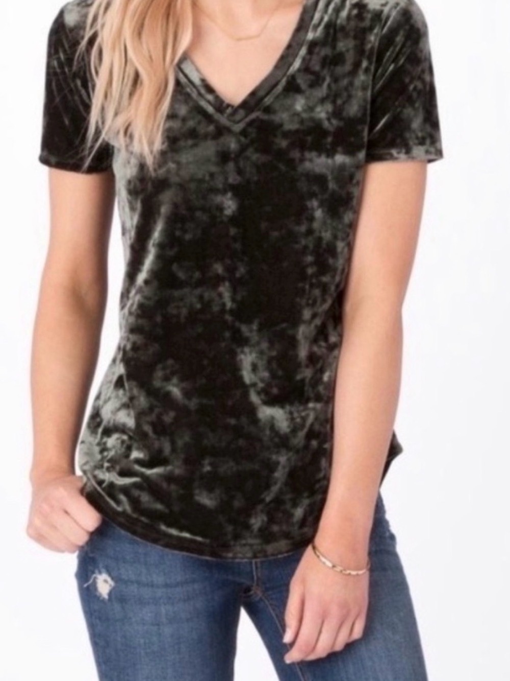 Z Supply Crushed Velvet V-Neck Short Sleeve Tee - Olive Green